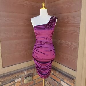 Ruby Rox Plum Purple One Shoulder Bodycon Cinched Satin Dress Women's Size Small